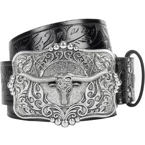 2 x UTOWO Rodeo Western-Longhorn-Bull Cowboy-Belt for Women-Men Bull-Floral-Embossed PU-Leather Cowgirl Waist Belt for Jeans (Black-bead Bull Head)