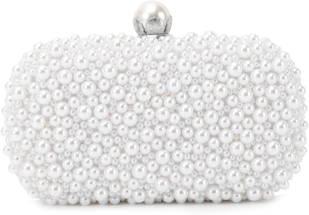 Oweisong Pearl Clutch Purses for Women Beaded Clutch Bag Formal Wedding Bride Evening Bag Party Tote Handbag (White)