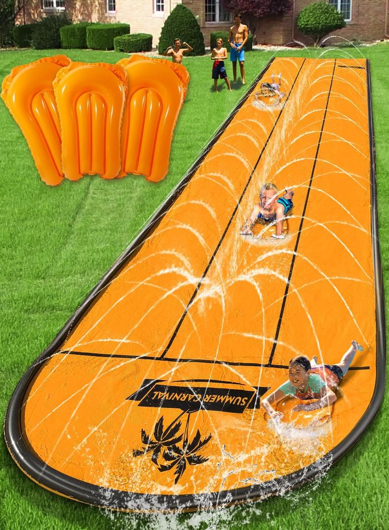 Slip and Water SlipSlip Water Slide for Kids Backyard 22ft*3 Lane Orange,Summer Toys for Kids Outdoor with Sprinkler and 3 Bodyboards