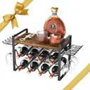 Wine Rack with Glass Holder, Countertop Wine Rack Metal Frame, Wine Holder Stand with Wooden Tray, Bottles Rack for Home Decor Kitchen Storage (Hold 8 Bottles and 4~6 Glasses) (Engineered Wood-gift Package)