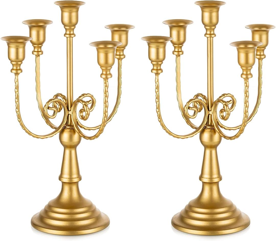 Romadedi Candelabra Gold Candle Holders - 5 Arm 11.8" Wedding Candlestick Holder for Theme Party Table Centerpiece Decor Dining Room Birthday Holiday Christmas, Set of 2