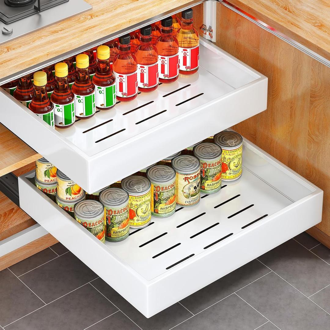 2Pack Pull out Cabinet Organizer, 21"Deep, 20"Wide Full-extension Heavy Duty Slide out Drawers Fixed with Adhesive Nano, Roll Out Shelves Sliding Cabinet for Kitchen,Bathroom,Pantry,Under Sink(White)