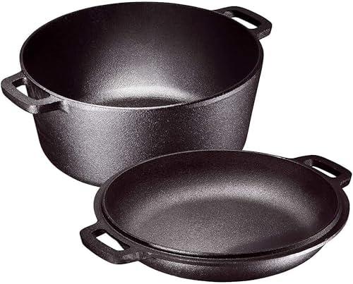 Bruntmor 2-in-1 Pre-Seasoned Cast Iron Dutch Oven With Handles - Crock Pot Black Cast Iron pot with Skillet lid - All-in-One Cookware Braising Pan for Casserole Dish - 5 Quart - Black