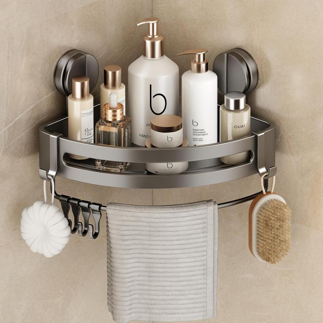 VOLPONE Shower Caddy Suction Cup, Corner Shower Shelves No Drilling, Showers Organizer Storage with Towel Bar & Removable Hooks, Bathroom Shower Shelf Rack for Inside Showers, Triangle