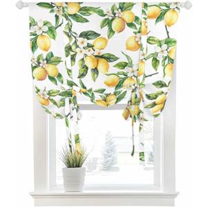 Summer Lemon Tie Up Curtain for Kitchen,Watercolor Flowers Adjustable Balloon Curtains,Leaves Tie-up Shade Valance Rod Pocket Curtain,Spring Farm Harvest Thermal Insulate Window Treatment 42x45in