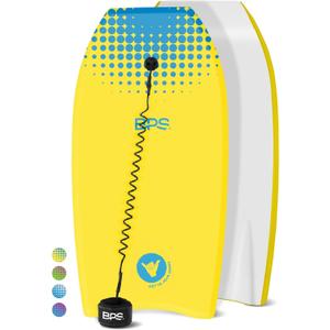 BPS New Zealand Shaka Body Board for All Wave Conditions - Lightweight with EPS Core, HDPE Slick Bottom, Body Boards for Beach with Wrist Leash and Plug for Kids and Adults - All Skill Levels (41 Inch, 14 Yellow Blue)