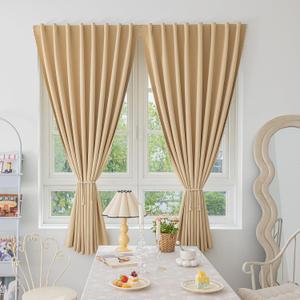 Jilron Magic Tape Stick on Curtains Blackout Curtains for Bedroom no Drillng Self Adhesive Curtain no Rod Small Window (Beige, 59" W x 59" L) 2 Panels