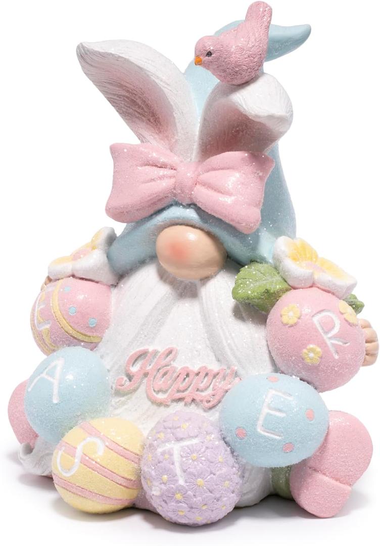 Hodao Easter Gnome Figurine, Resin Bunny Hat Gnome with Pastel Eggs & Bird, Hand-Painted Spring Tabletop Decor for Home, Shelf, Mantel, Tiered Tray, Easter Gift