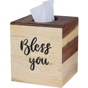 Acacia Wood Tissue Box Cover with Slide-Out Bottom, Square, Modern Style for Bathroom, Bedroom, Office