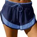Fisoew Women Athletic Shorts 2 in 1 Running High Split Color Block Workout Yoga Mesh Shorts Pocket Drawstring (Blue, L)
