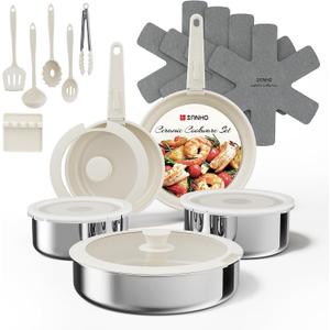 Sanho 21PCS Pots and Pans Set Non Stick, Ceramic & Stainless Steel Cookware Set with Detachable Handles, Induction Cookware, Oven/Dishwasher Safe, Frying Pans with Kitchen Essentials, Beige White