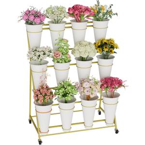 Flower Stand, 3 Tier Flower Display Stand with 12 Buckets, Upgrade Double Circle No Shaking, Outdoor Flower Cart with Wheels for Patio, Garden, Shop, Wedding, Party, Exhibition, Indoor, Gold