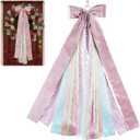 2 x Large Pink Christmas Wreath Sash for Door, 27.5" Holiday Decoration with Snowflake Lace Pattern, 11 Glitter Bow Tree Topper Wall Indoor Outdoor Xmas Farmhouse Home Decor Metal Clip