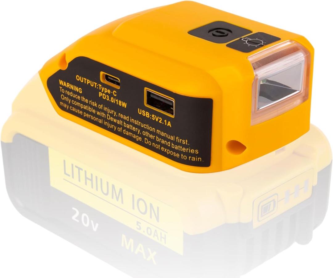 Battery USB Charger Adapter for DeWalt 20V MAX Battery Generator Power Converter with USB Charger Type C and LED Lights for Work RV Camping Travel, Tool Only