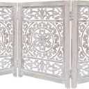 Wooden Foldable Pet Dog Safety Gate - 3 Panel 20" W x 24" H - Hand Carved Suzani Free Standing Portable Indoor Puppy Gate - Doorway Hall Stairs Dog Fence - Assembled - White Wash - Irongate 