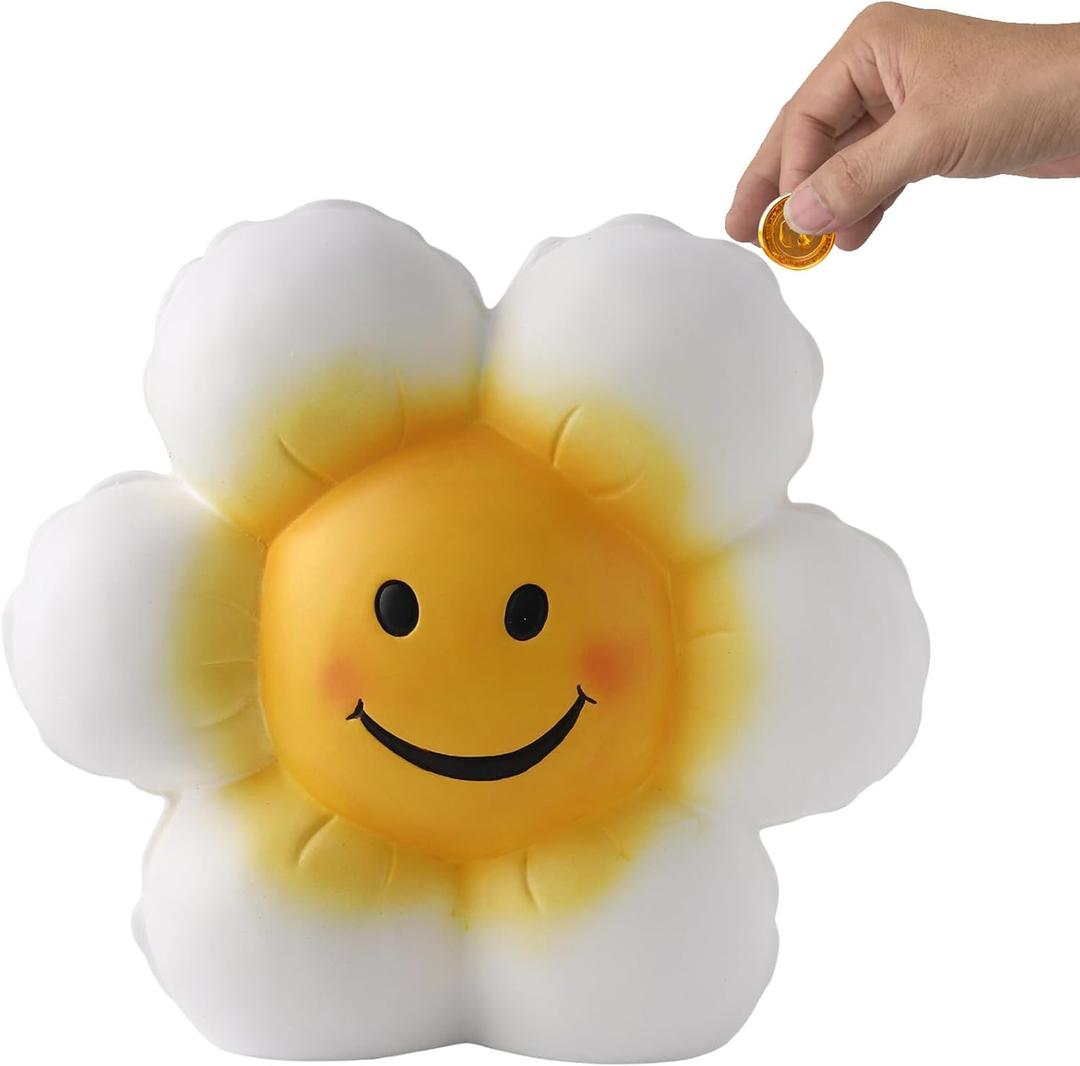 SOBEIT Piggy Bank for Girls Boys Kids, Cute Smiley Flower Piggy Bank, 7.87inch Ceramic Coin Bank Money Bank for Birthdays, Christmas, Baby Shower, Newborn Keepsake, Back-to-School Gift, Nursery Decor