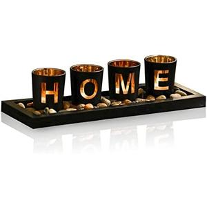 MrMrKura Home Decorative Candle Holder Set, 4 Glass Tea Light Candleholders with Wooden Candle Holders Tray, Natural Pebbles for Home Decor Table Decorations Centerpiece