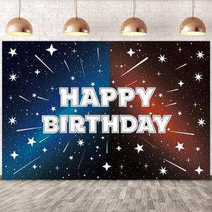 Black Cartoon Galaxy Themed Happy Birthday Backdrop, Star Banner Outer Space Theme Birthday Garland Decorations for Celebrations Cosmic Events, 39.37 inches x 59.06 inches