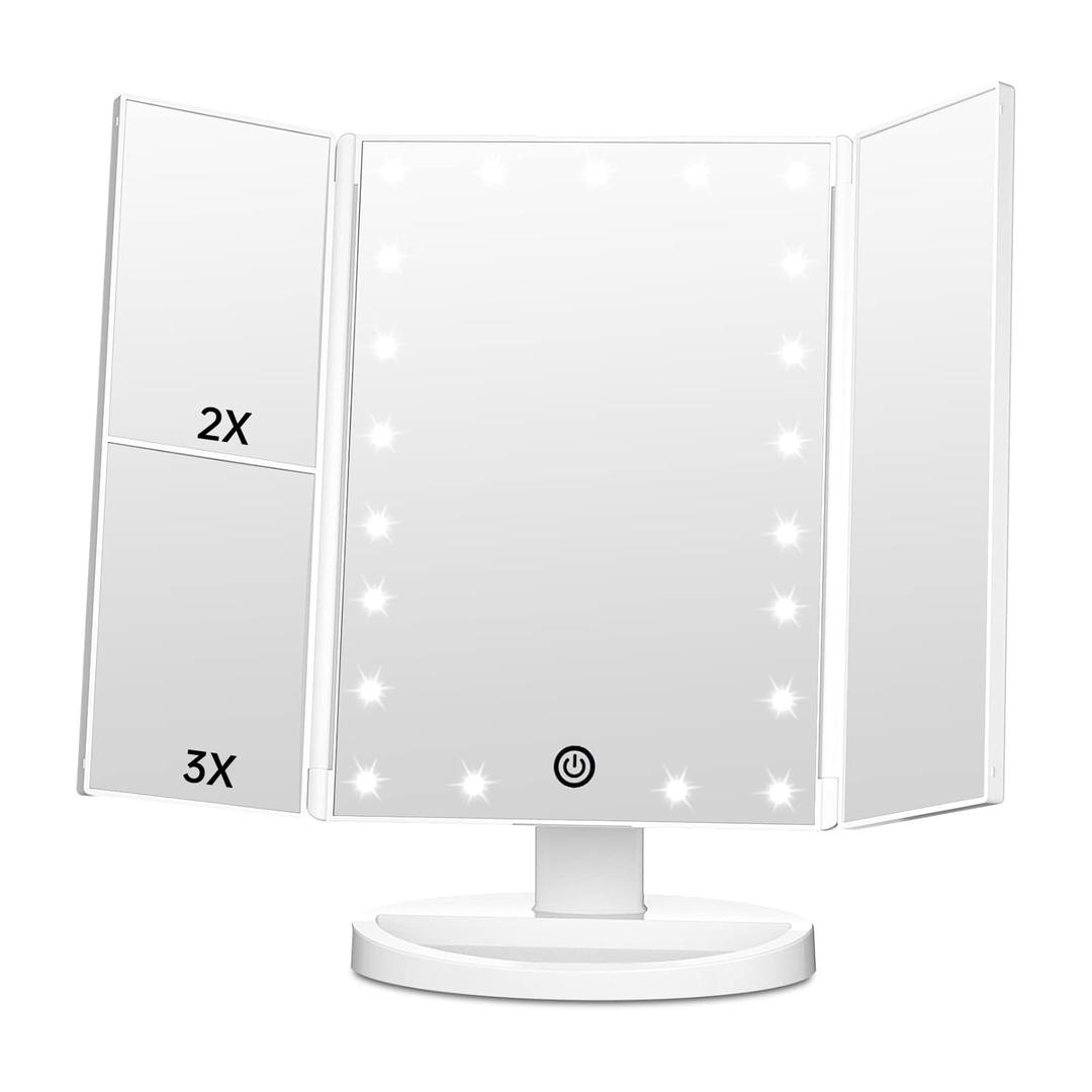 FASCINATE Trifold Vanity Mirror with Lights, Lighted Makeup Mirror 2X/3X Magnification, 21 LED Touch Dimming, Dual Power 180 Rotation Lit Beauty Table Mirror, Make up Mirror with Lighting (White)