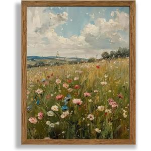 AVECCO Vintage Peaceful Wildflower Canvas Wall Art, Nature Floral Artwork Landscape Wall Decor, Colorfu Botanical Art Prints for Bedroom Living Room Office Home Decoration 8x10 Inches Wood Framed