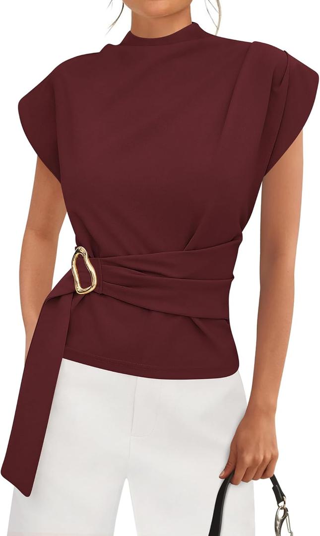 PRETTYGARDEN Women Blouses Spring Dressy Cap Sleeve Mock Neck Work Shirts Buckle Tunic Summer Business Casual Tops 2026 (L)