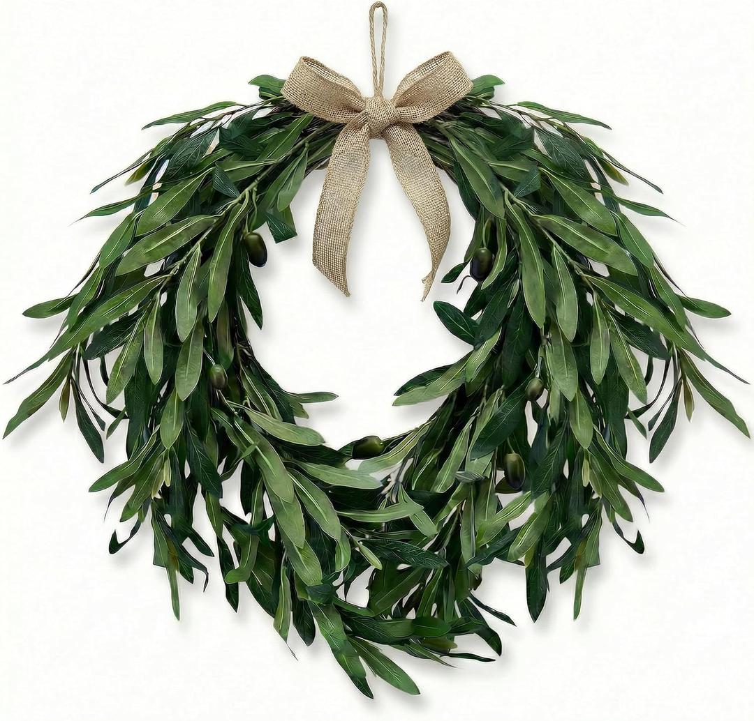 16" Heart Shaped Artificial Olive Leaf & Fruit Wreath - Realistic Green Olive Branches with Spring Floral Accents, Farmhouse Wall Door Wedding Arch Window Hanging for Indoor Outdoor