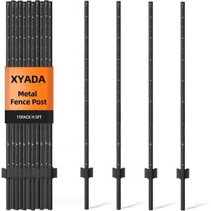 Metal Fence Post 5feet, Heavy Duty Garden Fence Post for Holding Wire Fence, Sign U Post Pack of 15 Sturdy Outdoor No Dig Fence Post for Garden Yard  Black