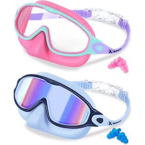 Keary 2 Pack Kids Swim Goggles with Nose Cover Anti-Fog & UV Girls Boy 3-12 | Swimming Goggles for Kids 180 Panoramic Wide Clear View Silicone Clip Lightweight Youth Toddler Children Pool Water Beach