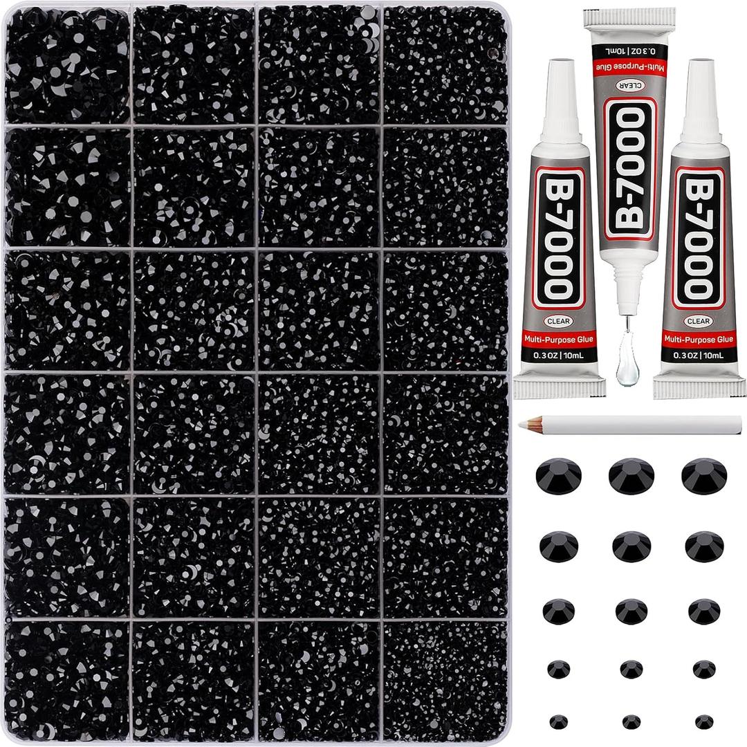 30000Pcs Resin Rhinestones for Crafting Bedazzling, Bulk Black Flatback Gems for Crafts Clothing Clothes Nail Art Sneakers, Bedazzle Flat Back Jewel Assorted Size SS6/10/16/20/30 with b7000 Glue (Large Pack + 3pcs Glue)