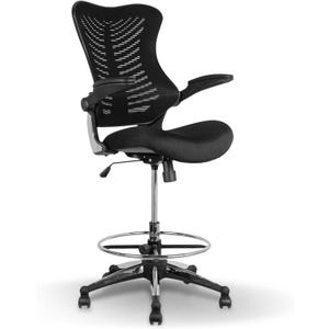 OfficeFactor 300 Lbs Tall Drafting Chair with Adjustable Foot Ring & Flip-Up Arms Ergonomic Standing Desk Chair, Breathable Mesh Office Chair for Tall Desks, Counter Height & Reception(Black), 26.5 inches x 25.5 inches x 51.5 inches