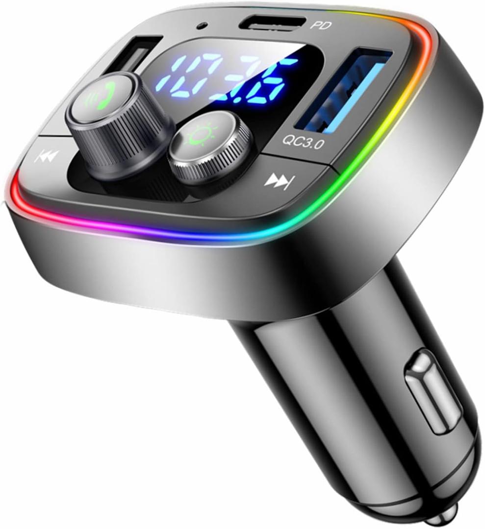 LIHAN USB C Bluetooth Adapter for Car, AUX Wireless FM Radio Transmitter, Handsfree Calling & Audio Receiver, MP3 Music Player, QC3.0 & Type-C PD USB Charger,7 Colors LED Backlit