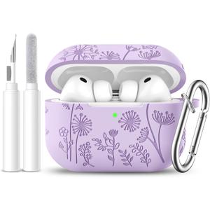 Lerobo for AirPods Pro 3 Case, Cute Floral Engraved Soft Silicone Cover with Keychain & Cleaner Kit Compatible with Apple AirPods Pro 3rd Generation Case 2025 for Women,Full Body Protection,Lavender