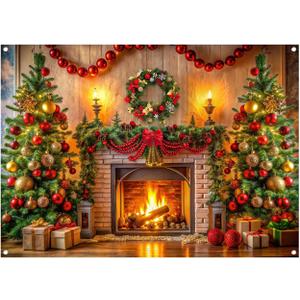 WOLADA Christmas Fireplace Fabric Backdrop Christmas Tree Wreath Fireplace Decoration Banner Photography Background 94.49x70.87 Inches FW133