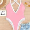 ChiaoLezhee Color Block Swimsuit, Plunge V Neck High Cut, Pool Party Vacation, Sexy Backless One Piece Bathing Suit Cheeky (Pink, Medium)