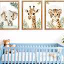 3 Set Safari Nursery Wall Decor, 11x16 Inch Framed Cute Giraffe Elephant Tiger Print Sign, Jungle Theme Cartoon Animal Wall Art for Baby Girl Boy Room Decoration, Natural