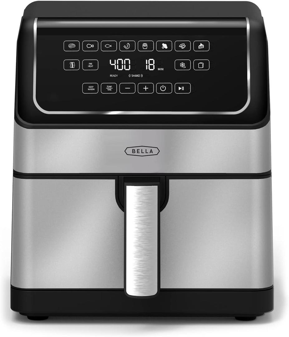 Bella 8 Qt Digital Air Fryer with Turbo Crisp Technology, Large Family Size Nonstick Cooking Basket and Crisping Tray, Multiple Preset Functions, Auto Shutoff, Stainless Steel, 1750 Watt