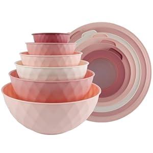 COOK WITH COLOR Mixing Bowls with TPR Lids - 12 Piece Plastic Nesting Set includes 6 Prep and Lids, Microwave Safe Bowl, (Mint TPR Lids)
