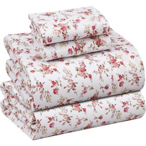 RUVANTI 100% Cotton Sheets King Size 4-Piece Set Percale Bedding, Cooling & Breathable Floral Design Bouquet, Durable with a Crisp, Soft & Comfortable Feel, 16" Deep Pocket