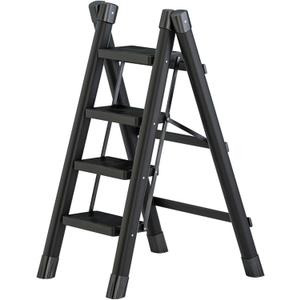 4 Step Folding Portable Step Ladder with Anti-Slip Wide Pedal Aluminum Stepladder Lightweight Step Stool for Office, Household, Library 300lbs - Black