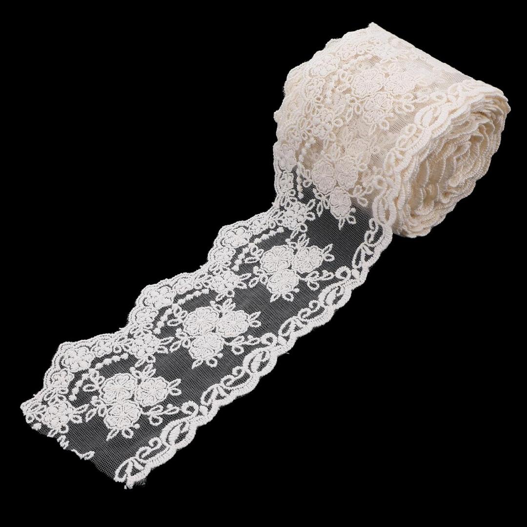 5 Yards White Lace Ribbon, 3.35 Inch Width Cotton Lace Trim Delicate Floral Ribbon Encajes para Costura for Sewing Crafts Bridal Wedding Dress Embellishment Gift Wrapping