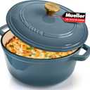 MUELLER HOME 6 Quart Enameled Cast Iron Pot Dutch Oven, Heavy-Duty, Oven-Safe up to 500 F & Across All Cooktops, Bread Pan with Lid & Knob, Cast Iron Cookware, Blue Kitchen Accessories, Mineral Blue