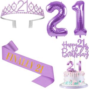 21st Birthday Decorations for Her Purple with 21st Birthday Sash and Cown, Cake Topper and candles, Number Balloons, 21 Year Old Gifts for Her