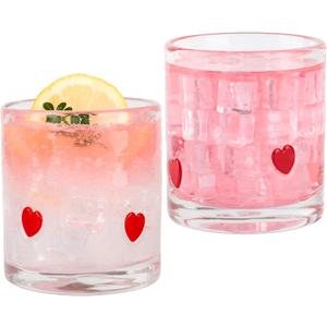 2 Pcs Red Hearts Icon Juice Glasses Valentines Day Handblown Cocktail Glass Cup 14oz Stemless Wine Coffee Drinking Cups for Gifts Holiday Party Supplies Decor (Hearts)
