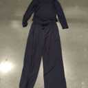 Trendy Queen Women's 2 Piece Matching Lounge Set Long Sleeve Side Ruching Top Wide Leg Drawstring Pants Set with Pockets (Medium, Navy)