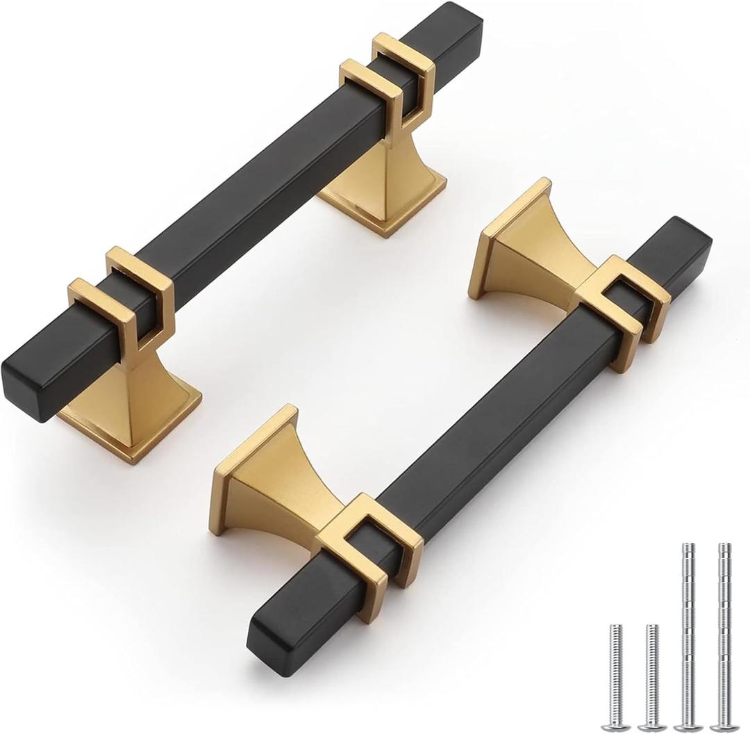 Haliwu 10 Pack Black and Gold Cabinet Pulls, 3 inch Kitchen Cabinet Handles, Square Dresser Drawer Hardware