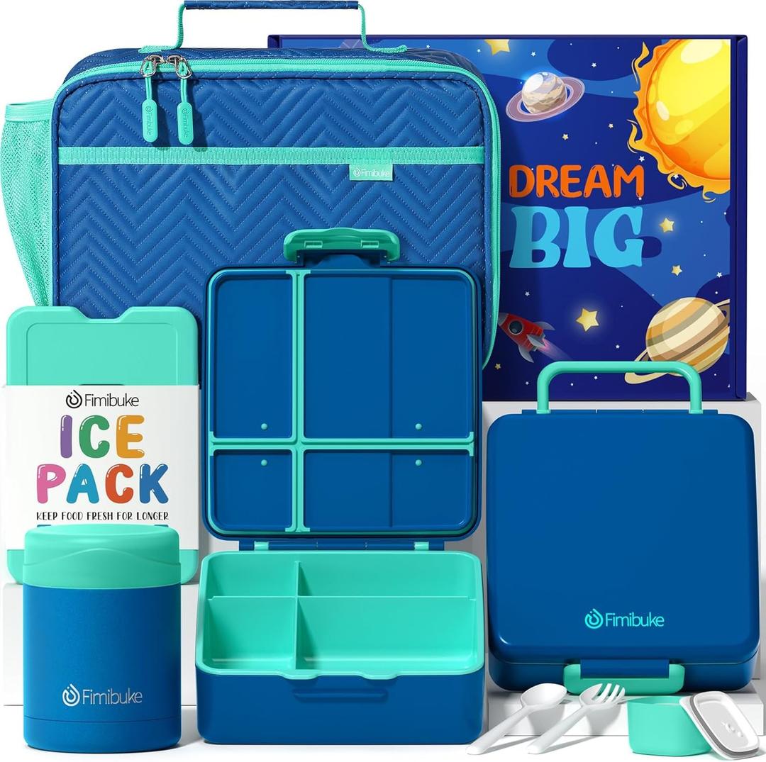 Fimibuke Kids Bento Snack Lunch Box with 4 Compartment, Insulated Bag, Stainless Steel Vacuum Thermos Food Jar, Ice Pack, Utensils Set, Birthday Gift for Age 3-12 Back to School Toddler Girl Boy Adult (B1.Ink Blue)