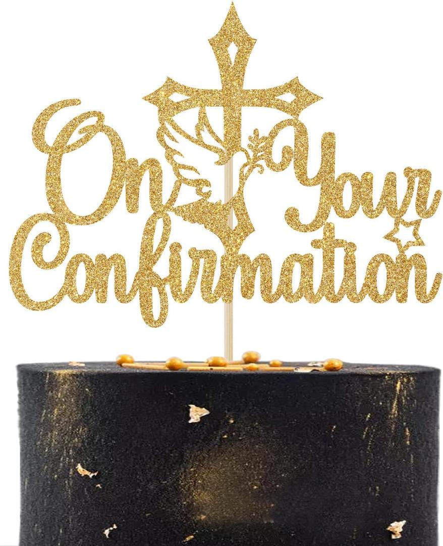 2 x On Your Confirmation Cake Topper, First Communion/Baptism/Christen Day/Baby Shower/Wedding Day Decorations Supplies Gold Glitter