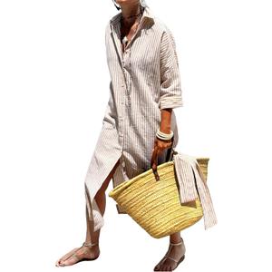 utcoco Womens 2025 Shirt Dress Casual Lapel 3/4 Sleeve Button Down Split Belted Vacation Maxi Dress (Medium, Khaki Striped)