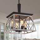 Q&S Farmhouse Vintage Chandelier, Rustic Pendant Light,Industrial Hanging Light Fixture for Dining Room Kitchen Island,Wrought Iron,ORB+Oak White 4 Lights E26 UL Listed