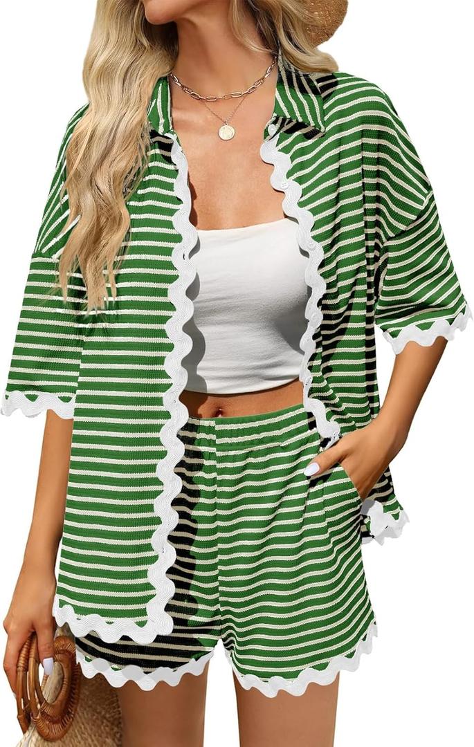 Tankaneo Womens 2 Piece Lounge Set Striped Outfits Short Sleeve Button Down Shirts and Shorts Summer Matching Sets (Small, Dark Green)